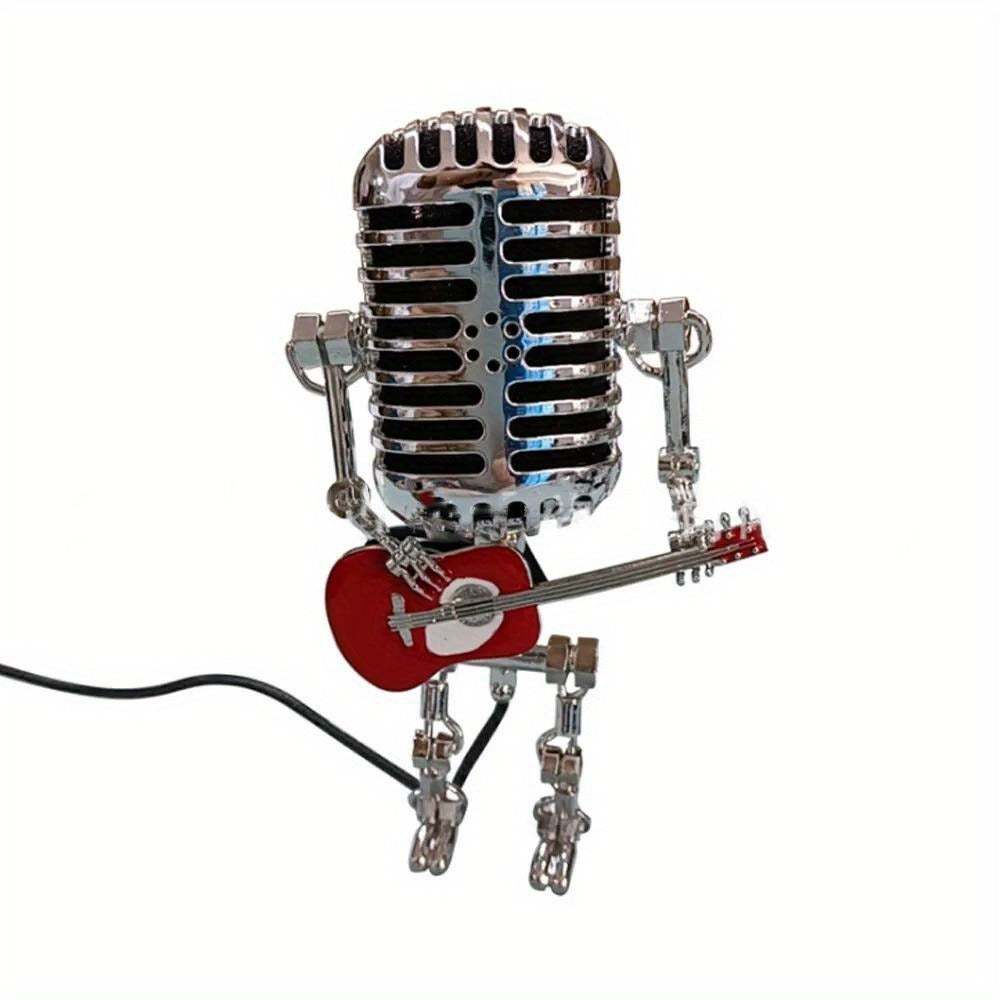 Vintage Microphone Robot Guitar Lamp USB Powered ¨C Retro Decorative Night Light for Music Lovers, Guitar Players, Home, Bar & Office Desk Decor (Red / Yellow)