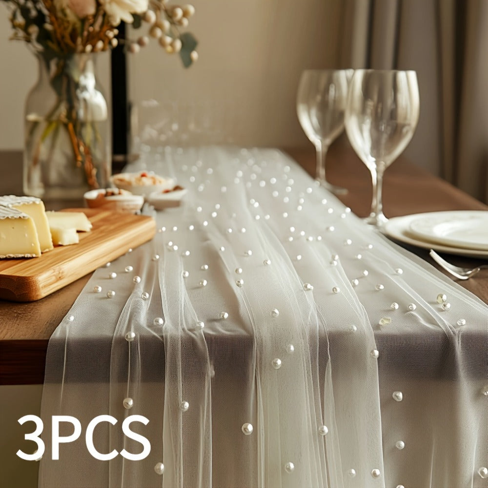 White Pearl Beaded Tulle Table Runner 2.5¡Á9.8ft | Wedding Ceremony Backdrop, Birthday Party & Valentine's Day Romantic Decor, Sheer Mesh Fabric 3PCS