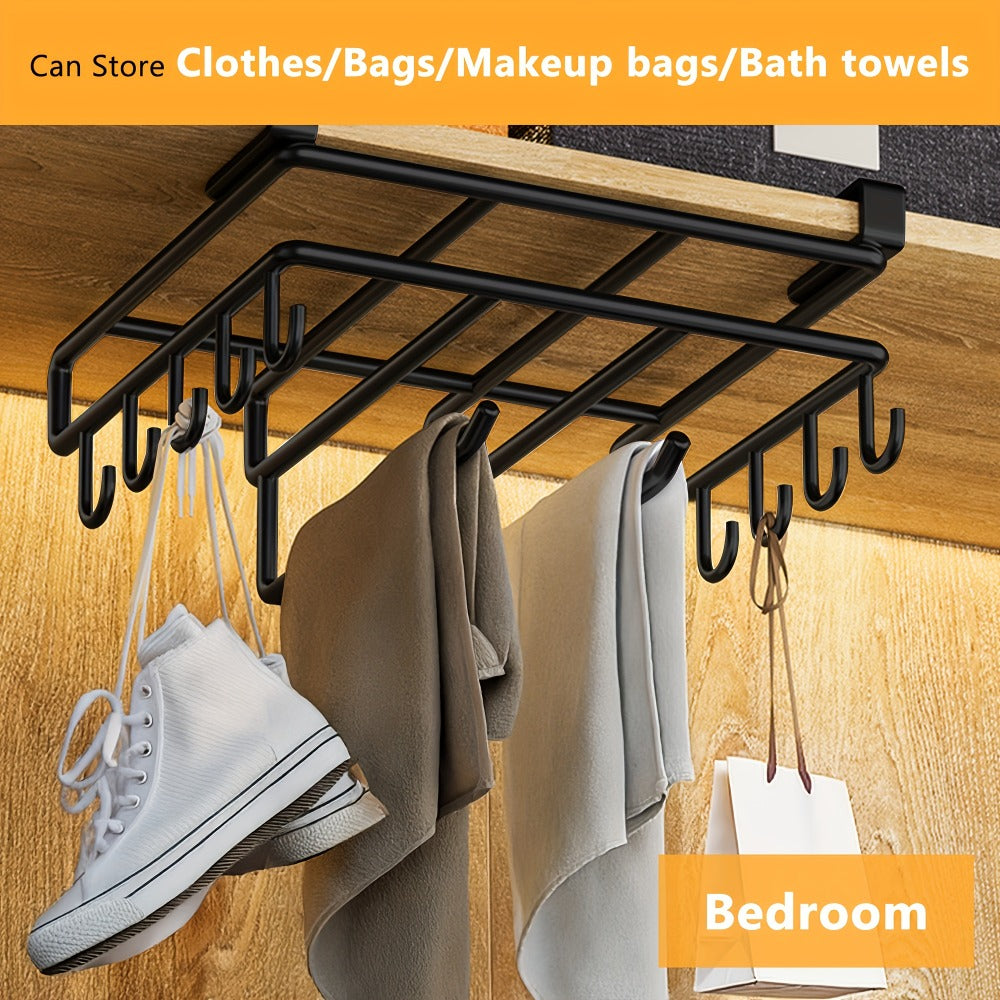 Under Cabinet Organizer Rack with Hooks ¨C Heavy Duty Carbon Steel Kitchen Shelf for Utensils, Towels, Cups & Cutting Boards ¨C No-Drill Door-Mount Space-Saving Kitchen Storage