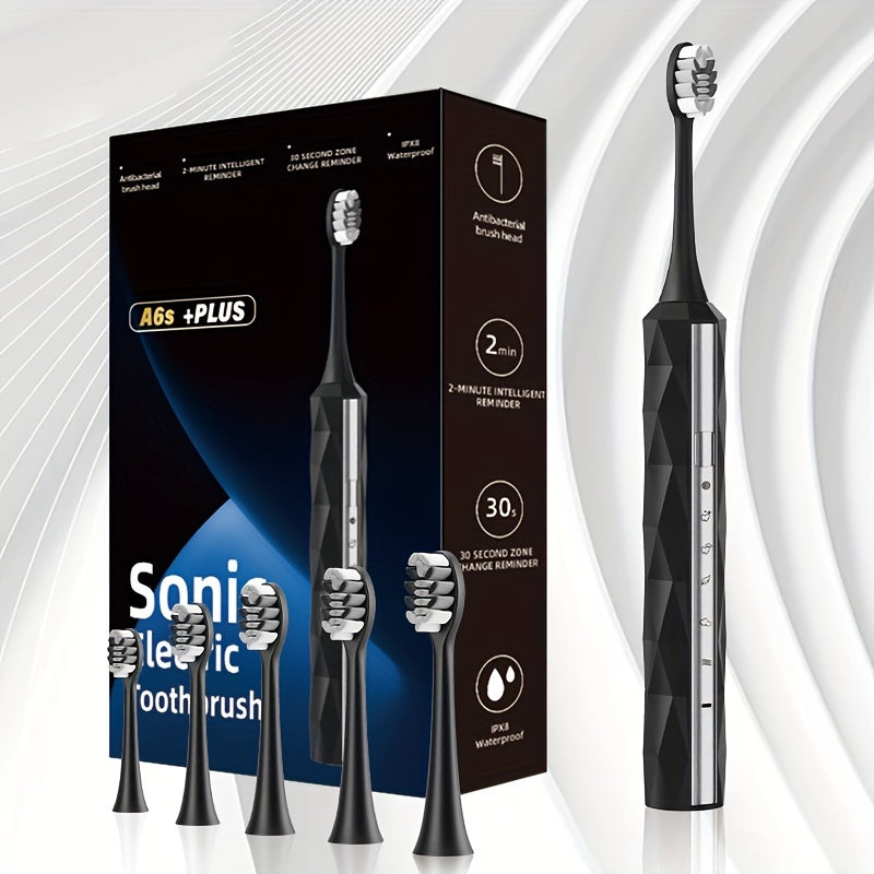 Sonic Electric Toothbrush IPX8 Waterproof ¨C USB Rechargeable, Smart Timer, Metal Handle, 5 Replacement Brush Heads, Soft Bristles for Adults Men & Women ¨C Black & Blue