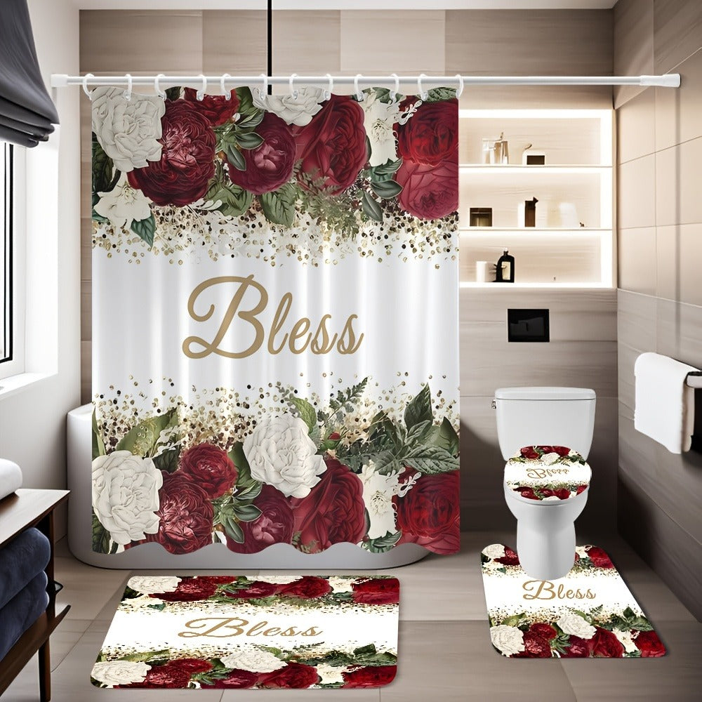 Rose Print Shower Curtain 4-Piece Bathroom Set ¨C Toilet Lid Cover Mat Machine Washable with 12 Hooks Elegant Floral Decor