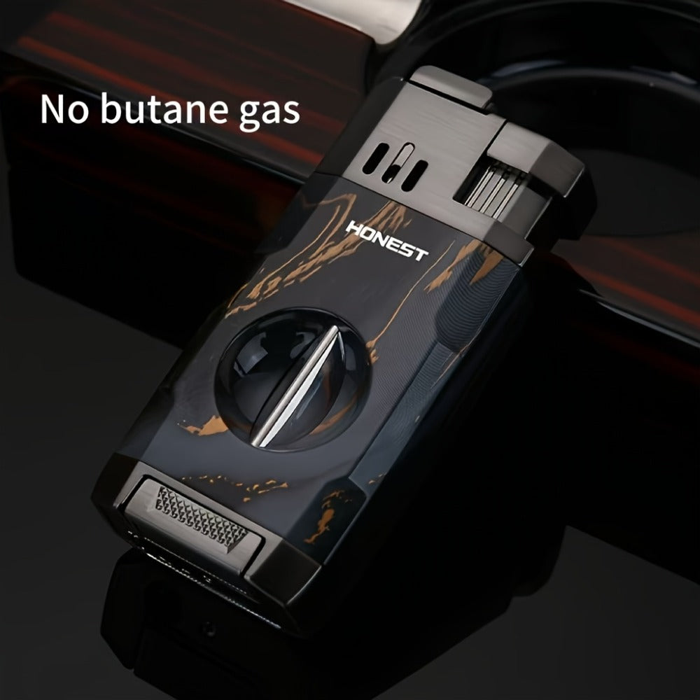 Cigar Torch Lighter with V-Shaped Cigar Cutter Built-in Clip Dual Windproof Jet Flame Visible Gas Window Integrated Cigar Lighter for Men Butane Gas Not Included