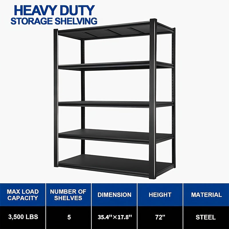 Heavy Duty Metal Shelving Unit 5-Tier - Powder-Coated Steel Storage Rack, 2500 LBS Capacity, Adjustable Height, No-Tool Assembly, for Garage, Basement & Warehouse Organization