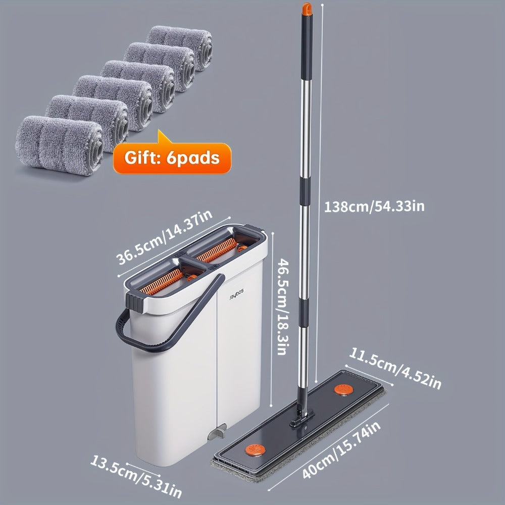 Flat Mop and Bucket System with Washable Reusable Microfiber Pads Dual Bucket Wringer Wet Dry Floor Mop for Hardwood Tile Marble Wall Cleaning Stainless Steel Handle 12.99in or 15.74in Mop Head