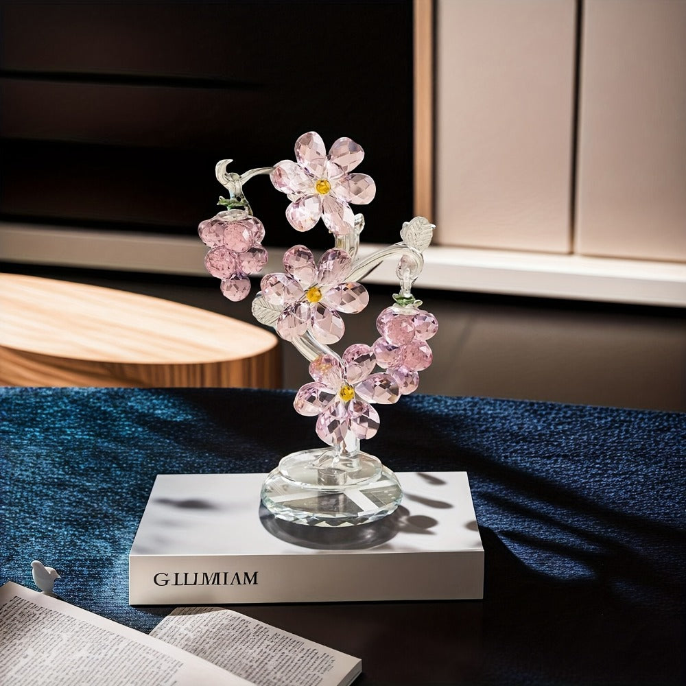 Pink Crystal Tree Statue Ornament - Romantic Crystal Flower Sculpture with Rotatable Base | Elegant Home Decor Gift for Valentine's Day, Wedding, Christmas & Mother's Day | Luxury Crystal Tree Decor