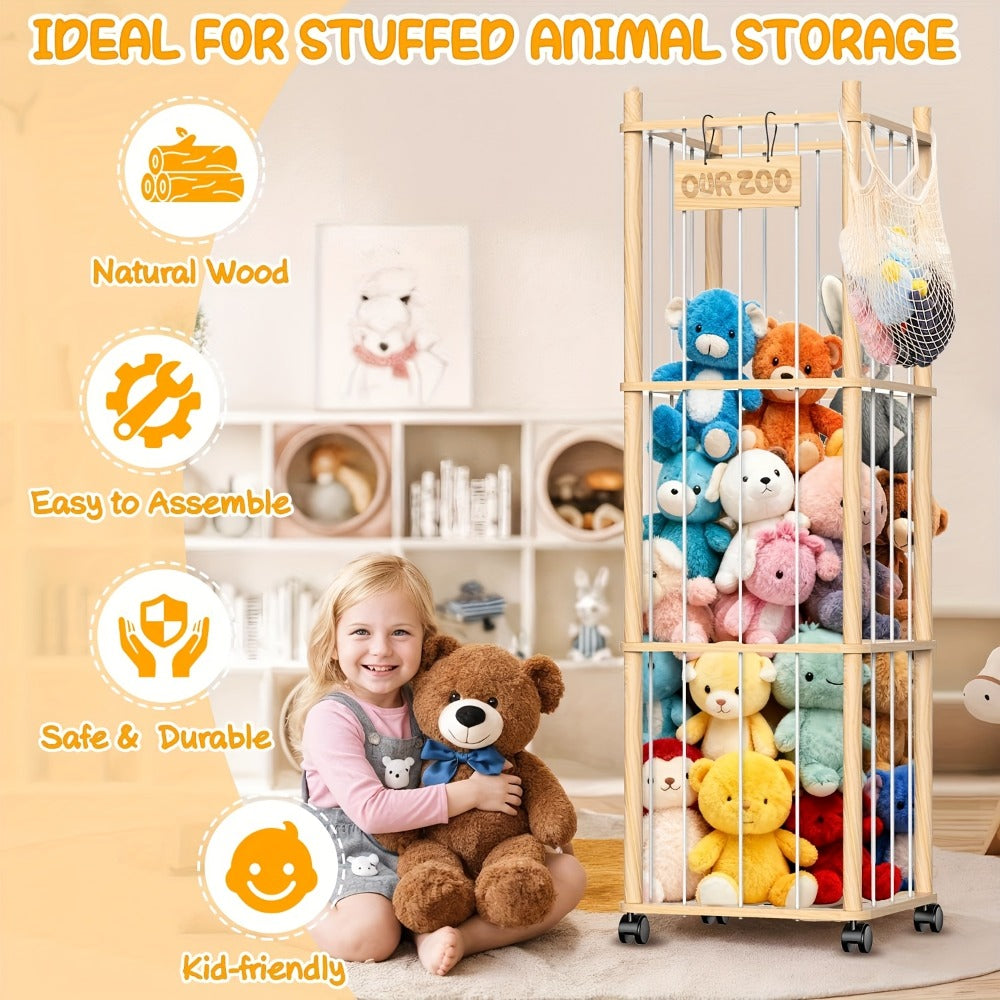 Stuffed Animal Storage Holder with Wheels Natural Pine Wood Plush Toy Organizer Zoo Rack - Large Capacity 2 or 3 Tier with Building Block Bag for Nursery Playroom Bedroom Space Saver
