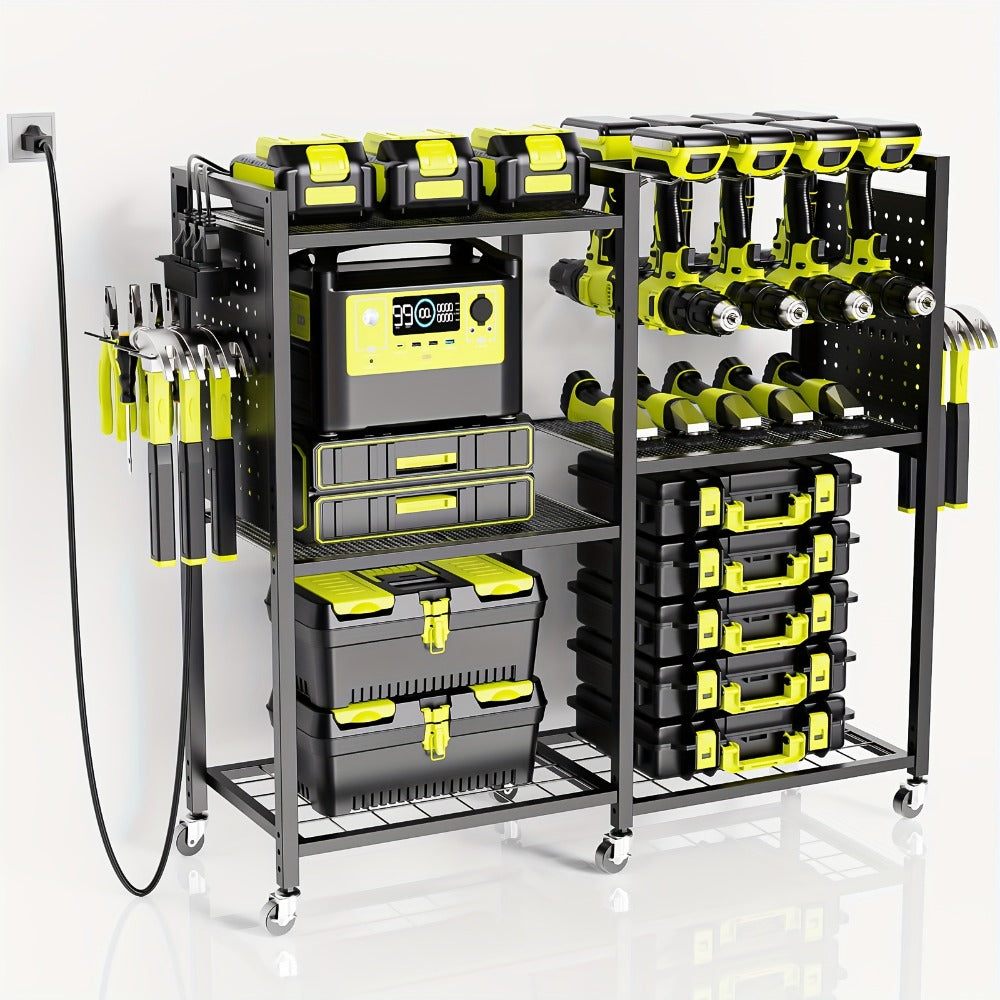 Mobile Tool Cart with Charging Station ¨C 12 Drill Holders & 5 Storage Shelves Power Tool Organizer | Rolling Utility Rack Toolbox with Battery Charging Power Strip for Garage & Workshop | 4 Colors