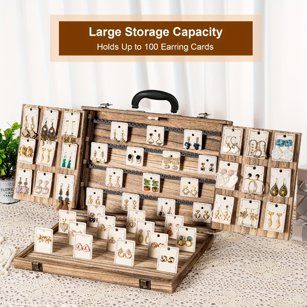 Wooden Jewelry Display Case with Lock & Buckle Closure ¨C Vintage Tabletop Organizer Box for Earrings, Bracelets & Necklaces, Large Capacity Earring Card Holder, Burnt Wood
