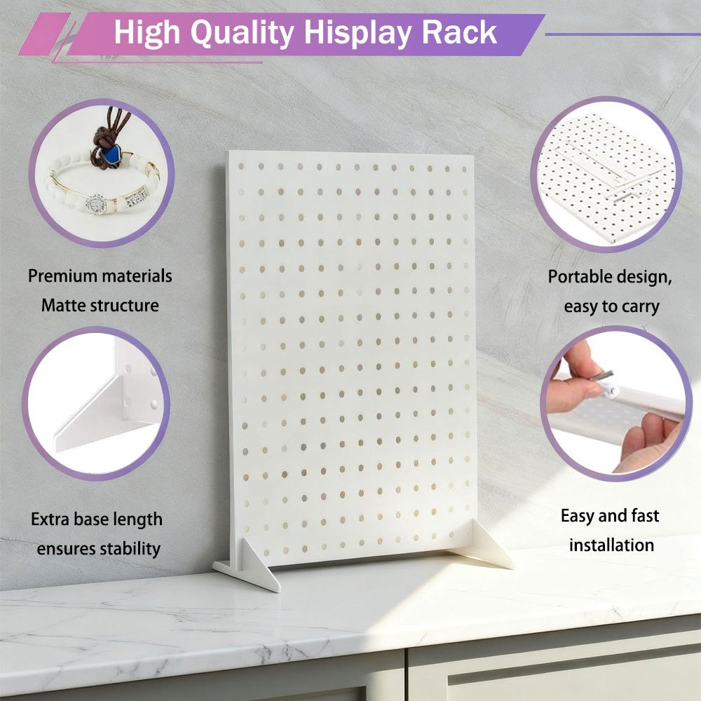 Pegboard Jewelry Display Stand with 12 Removable Peg Hooks Countertop Jewelry Organizer Rack Freestanding Iron Hole Board Display Tower for Necklace Earring Bracelet Ring Accessories Black White