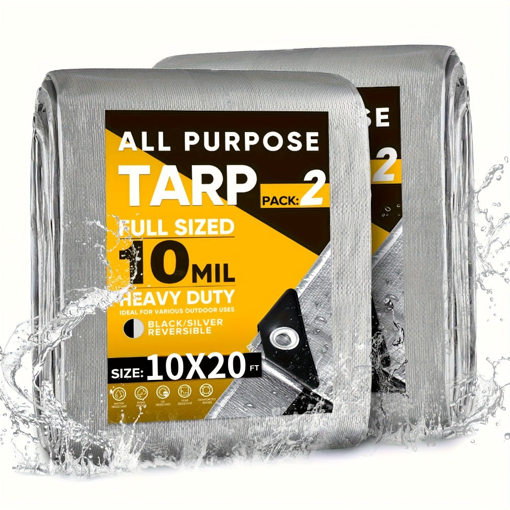 Heavy Duty Waterproof Tarp 2-Pack 10Mil 150GSM Black Silver ¨C Tear-Proof Polyethylene Cover with Reinforced Grommets for Roof Pool Boat Car Camping & Outdoor