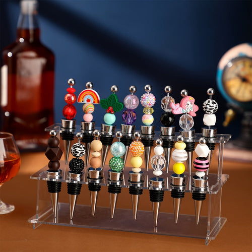 Beadable Wine Bottle Stoppers Set of 20 with 16-Slot Clear Acrylic 2-Tier Display Stand Rack - DIY Customizable Wine Stoppers Holder for Countertop, Wine Bar Decor, Gifts for Wine Lovers
