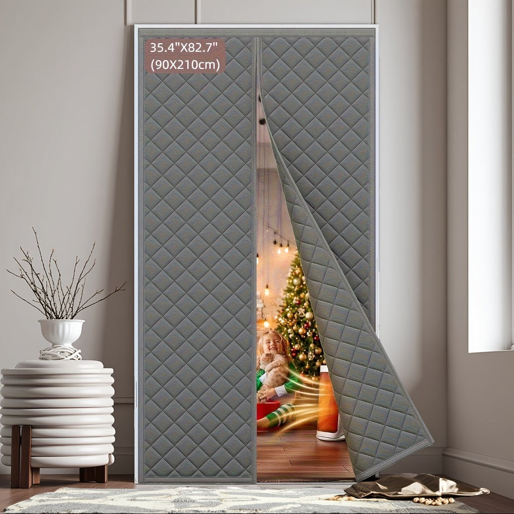 Thermal Insulated Door Curtain Magnetic Closure Knit Plaid Pattern ¨C Windproof Insulation Blanket for Front Door, Sliding Glass, Patio & French Doors, Keep Cold Out, Grey & Brown, Multiple Sizes