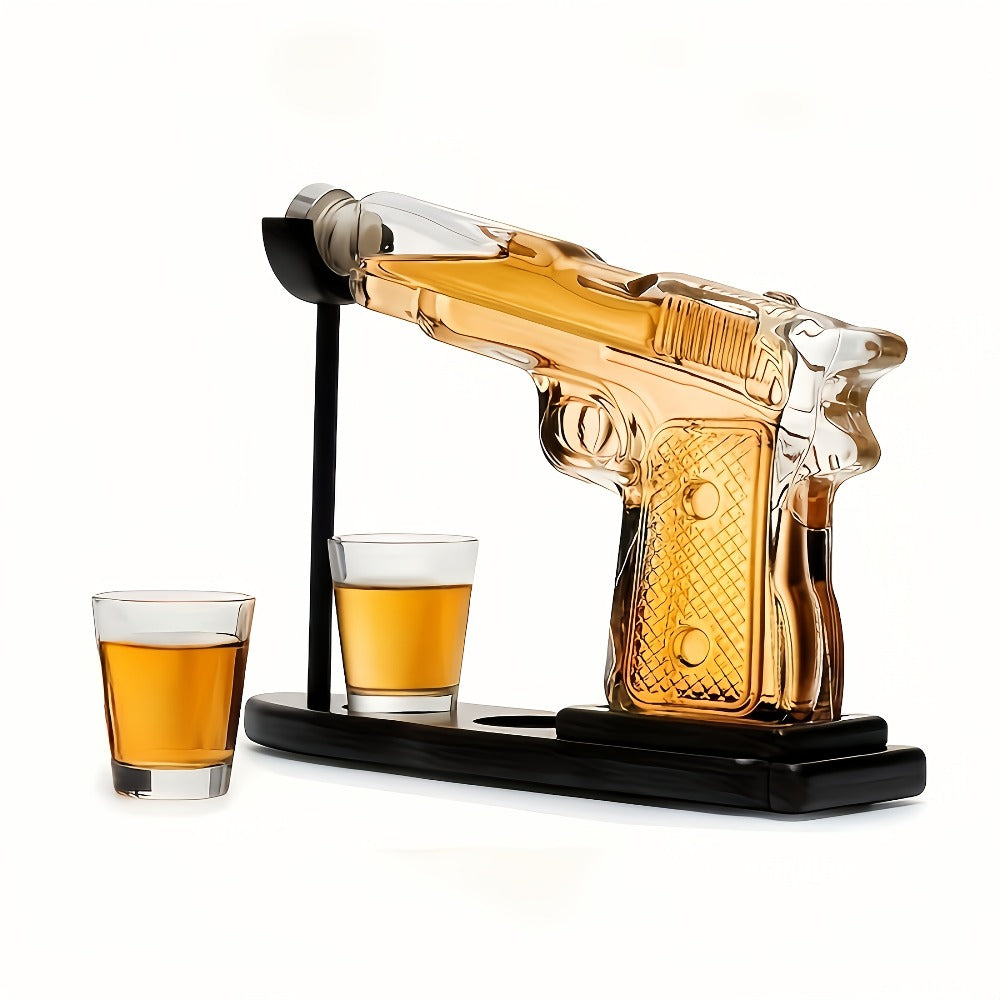 Whiskey Gun Decanter Set 10oz with 2 Bullet Shot Glasses & Wooden Stand, Handgun Shaped Liquor Decanter for Home Bar, Unique Novelty Gift for Men, Dad, Birthday & Valentine's Day