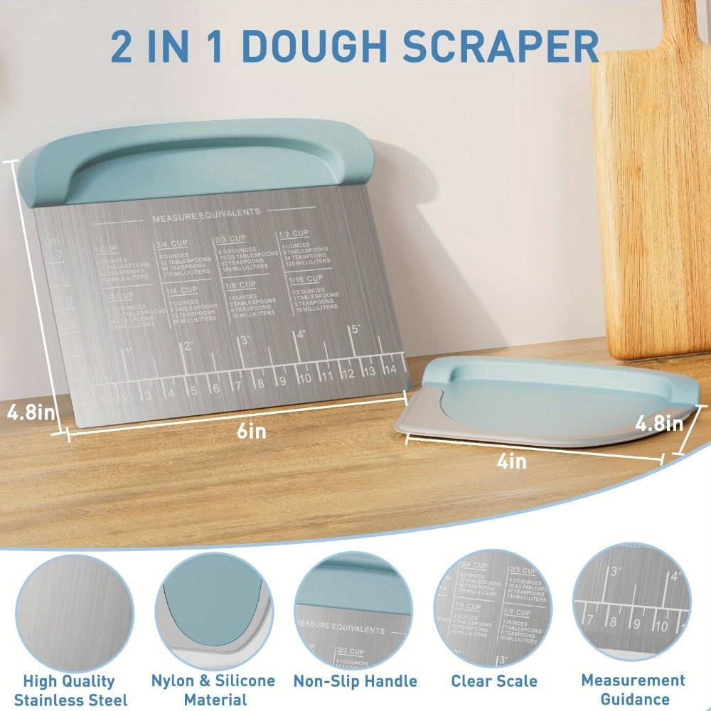 Dough Scraper Bench Scraper - Stainless Steel Dough Cutter with Silicone Handle & Measuring Scale, Multipurpose Pastry Scraper Pizza Spatula Baking Tool, Kitchen Gadget Gift, Blue Grey