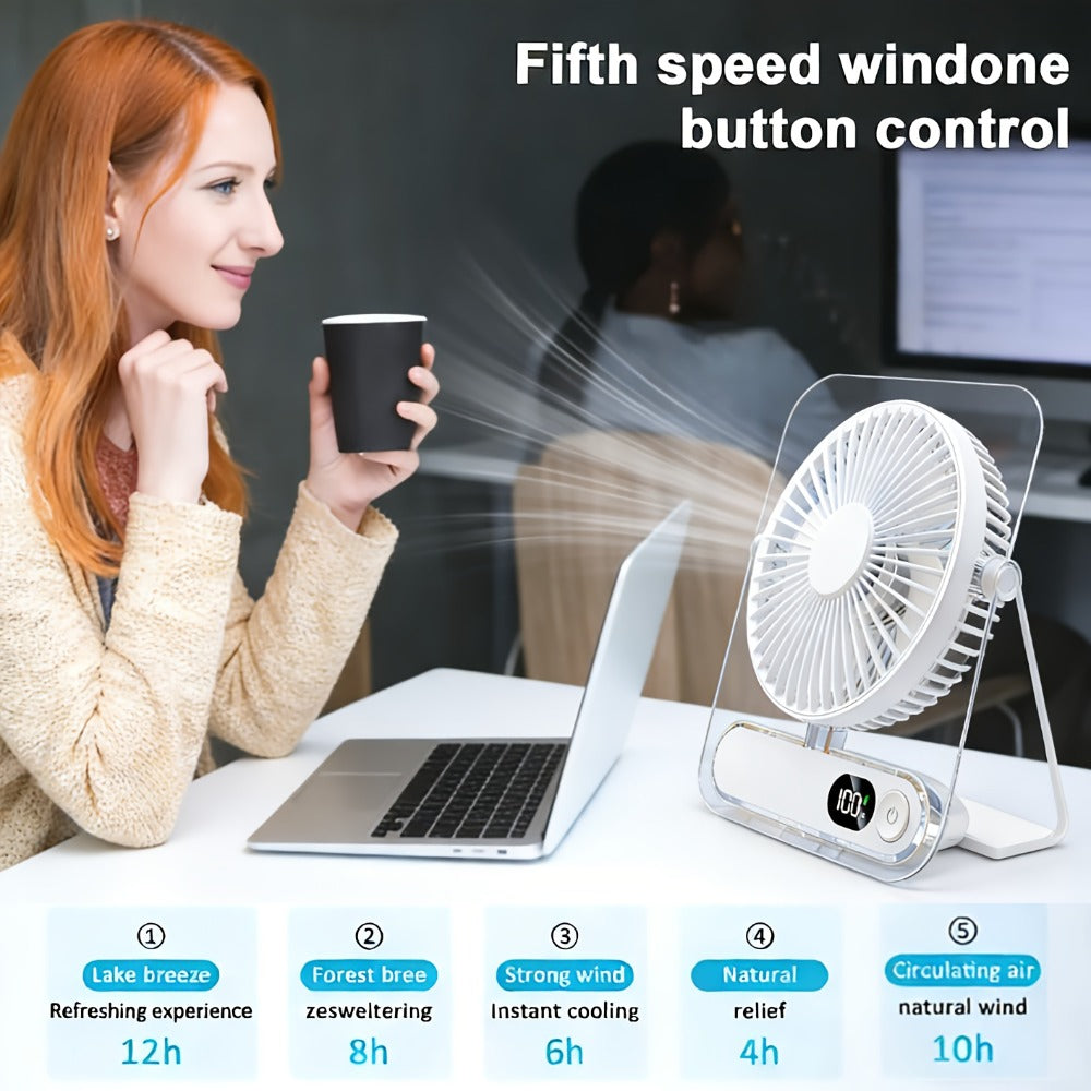 Desk Fan Portable USB Rechargeable 3000mAh Battery 5-Speed Adjustable 180 Degree Foldable Ultra Quiet Digital Display Acrylic for Home Office Travel Lightweight Cooling Fan
