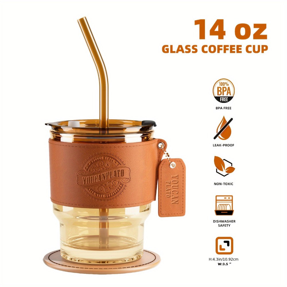 Glass Coffee Cup with Straw 14 Oz ¨C BPA-Free Glass Travel Mug & Water Bottle for Men & Women ¨C Tumbler for Coffee, Juice & Office Use ¨C Easy to Clean ¨C Brown & Dark Green