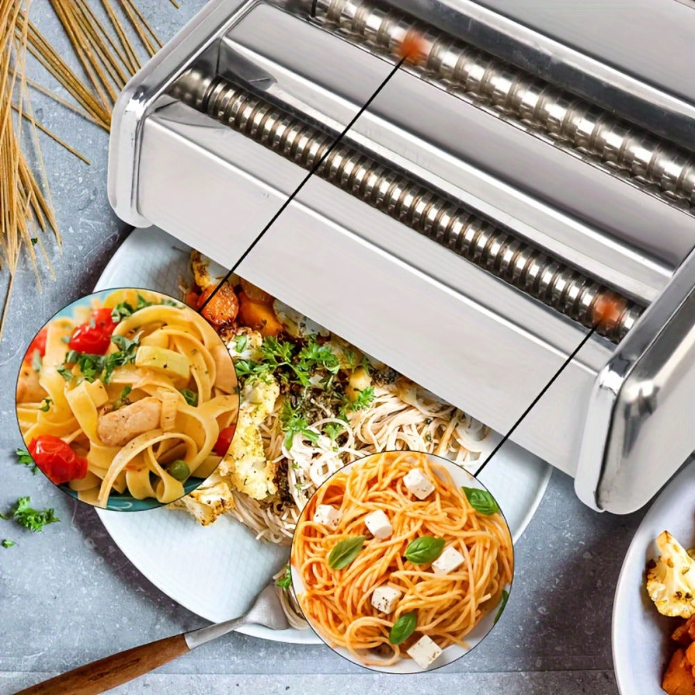 Manual Pasta Maker Machine Stainless Steel ¨C Hand Crank Pasta Roller for Spaghetti Fettuccine Lasagne Noodles, Adjustable Thickness, Anti-Slip Handle, Fresh Homemade Pasta Kitchen Gadget Gift for Foodies
