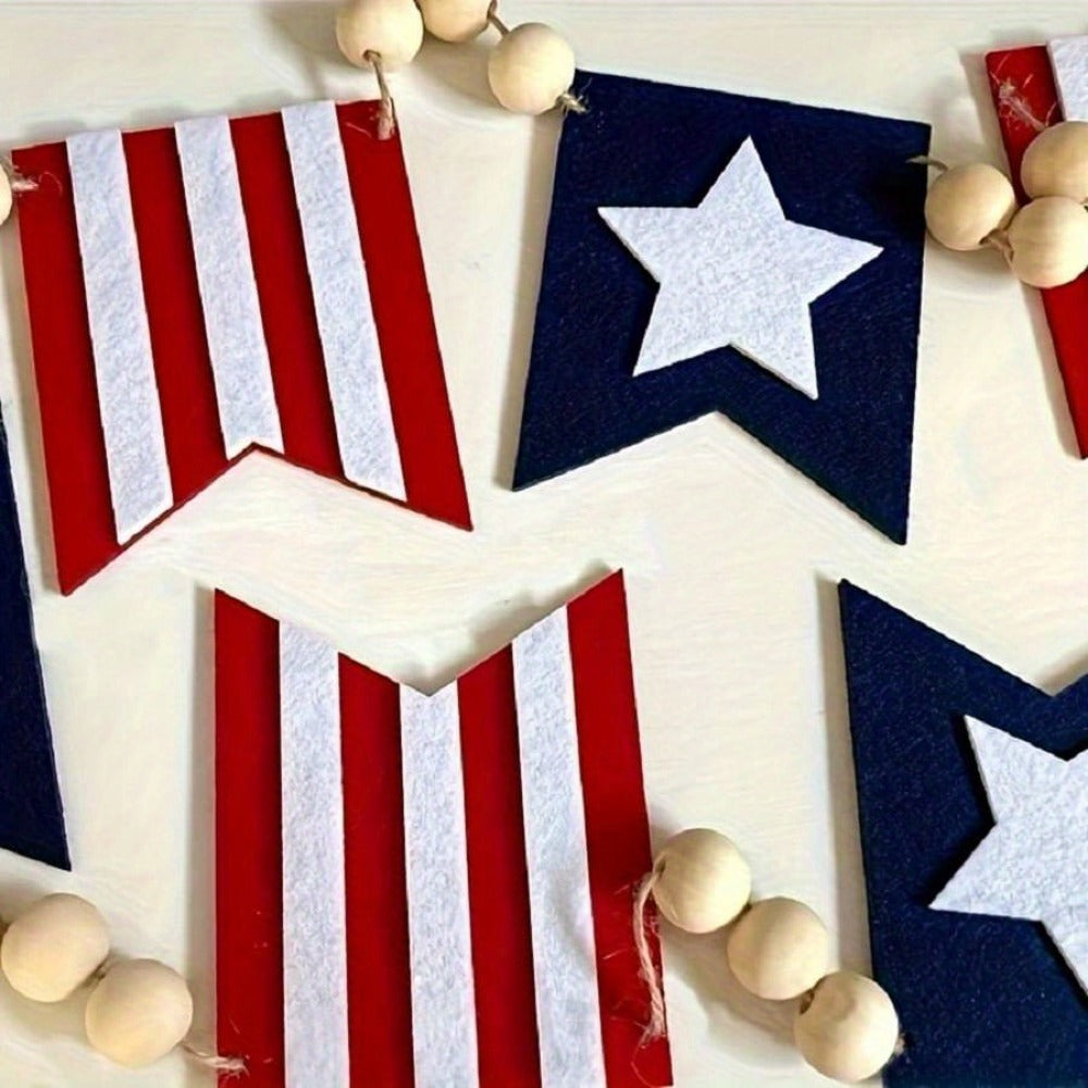 Patriotic Bunting Flags with Wood Bead Garland - 4th of July Red White Blue Hanging Banner Decor for Independence Day Party, Fireplace Mantle & Home Wall