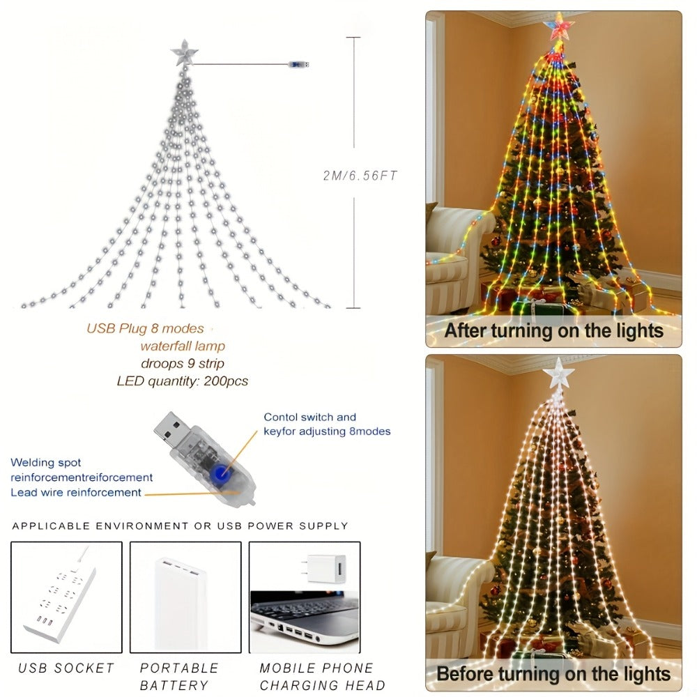 Christmas Tree Waterfall Fairy Lights 200 LED with Star Top Decoration, 8 Lighting Modes ¡ª Battery, Solar & USB Powered Indoor Outdoor Colorful Cascading Holiday Light Strip
