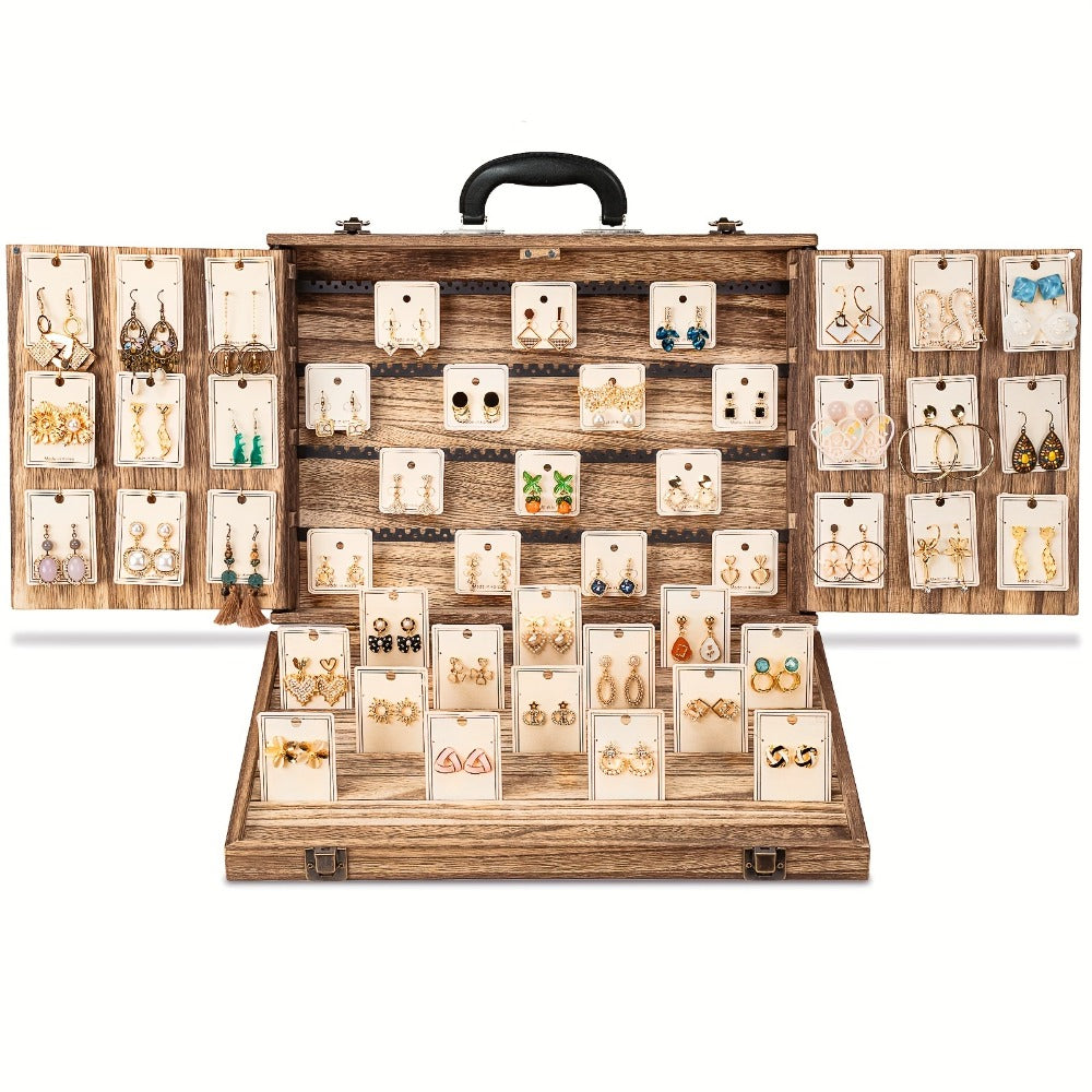 Wooden Jewelry Display Case with Lock & Buckle Closure ¨C Vintage Tabletop Organizer Box for Earrings, Bracelets & Necklaces, Large Capacity Earring Card Holder, Burnt Wood