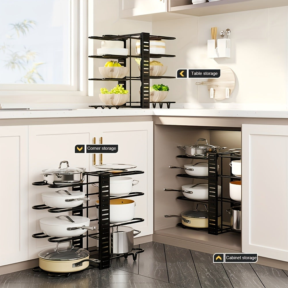 Pot and Pan Organizer 8-Tier with Lid Rack - Kitchen Cabinet Storage Rack for Cookware Pots Pans Lids and Utensils, Space Saving Vertical Cookware Organizer for Cabinet Pantry and Counter, Available in 1 or 2 Pack
