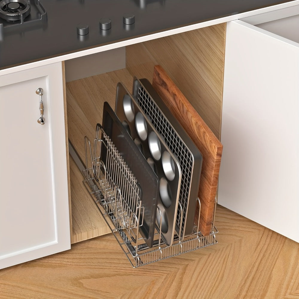 Cabinet Pot & Pan Organizer Rack with 10 Adjustable Dividers, 11¡±W x 17.5¡±D x 8.3¡±H, Chrome Steel Kitchen Storage