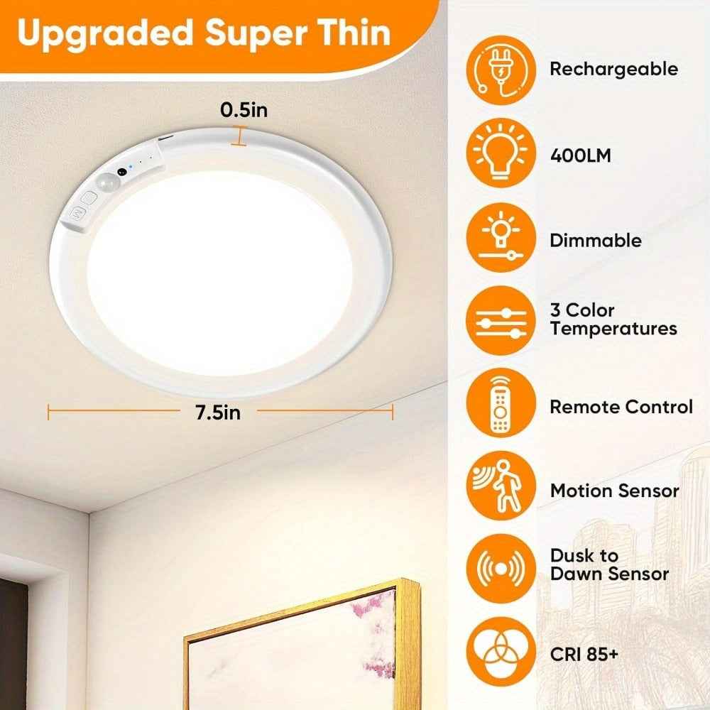 Motion Sensor Ceiling Light Rechargeable with Remote ¨C 3-Color Dimmable Wireless LED Overhead Light, No Wiring, Battery Operated for Closet, Shower, Pantry, Shed & Hallway (Round & Square, 1 or 2 Pack)