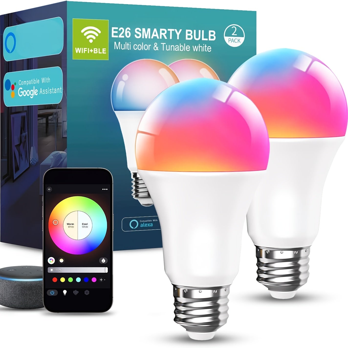 Smart Light Bulbs RGBCW Color Changing A19 E26 9W 800LM WiFi Bluetooth LED Bulb Compatible with Alexa Google Home 16 Million Colors Music Sync Dimmable for Bedroom Living Room Party Halloween Decor 2 4 6 Pack