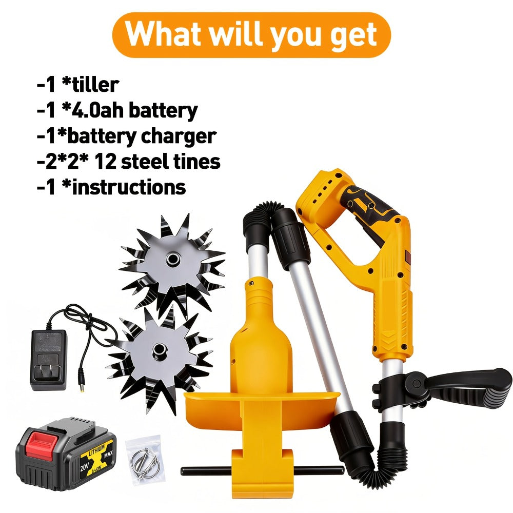 Electric Tiller Cultivator Cordless 20V Battery Powered - 8.6 Inch Tilling Width, Adjustable Ergonomic Handle, Garden Bed & Farm Soil Breaker, Available in Small/Large with 1 or 2 Batteries Included