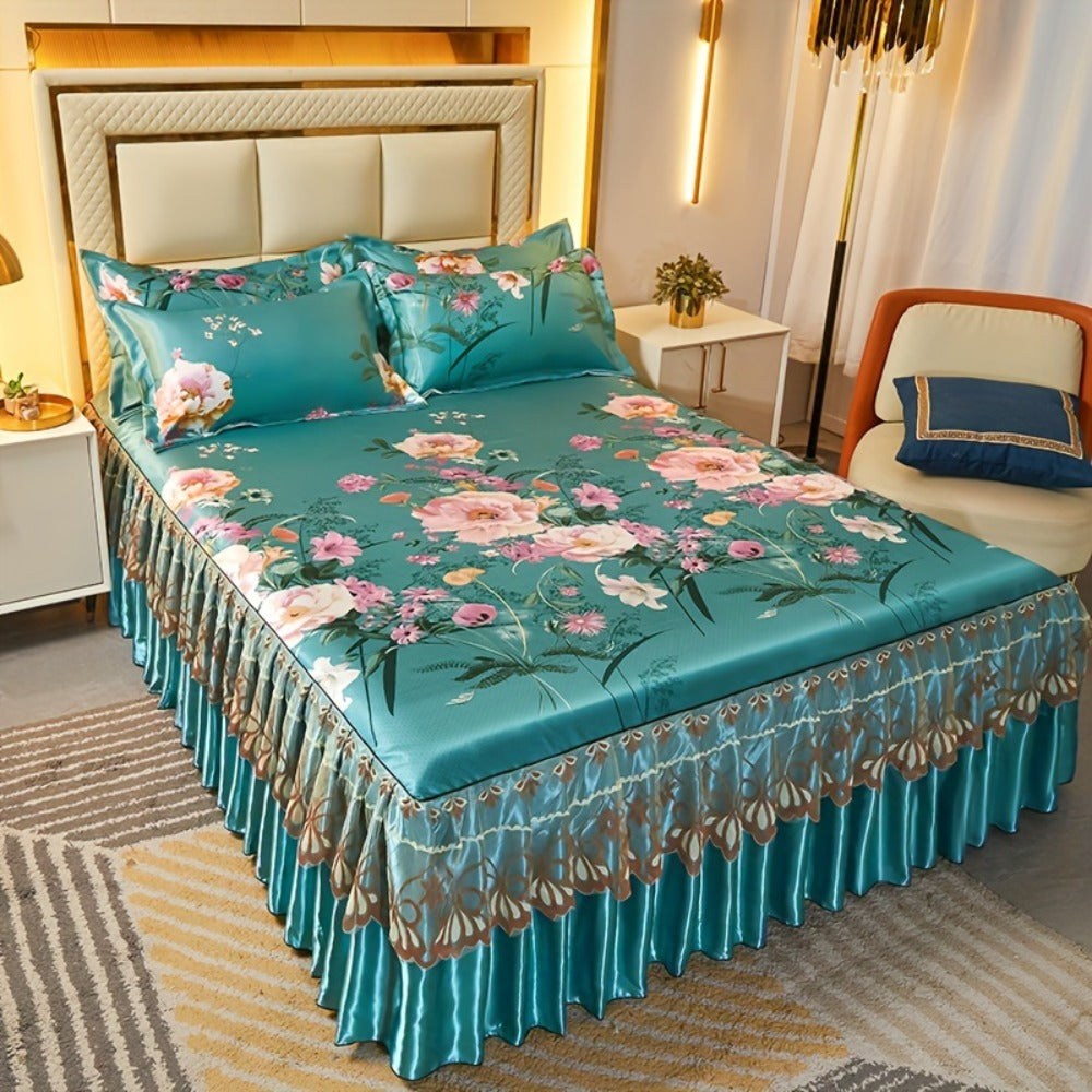 Floral Ruffle Bed Skirt Cool Mat 3 Piece Set with Pillowcase, Double Layer 360¡ã Full Wrap Washable Cooling Mattress Cover, Breathable Summer Bedding Set for Twin Full Queen King, Parisian Romantic Floral
