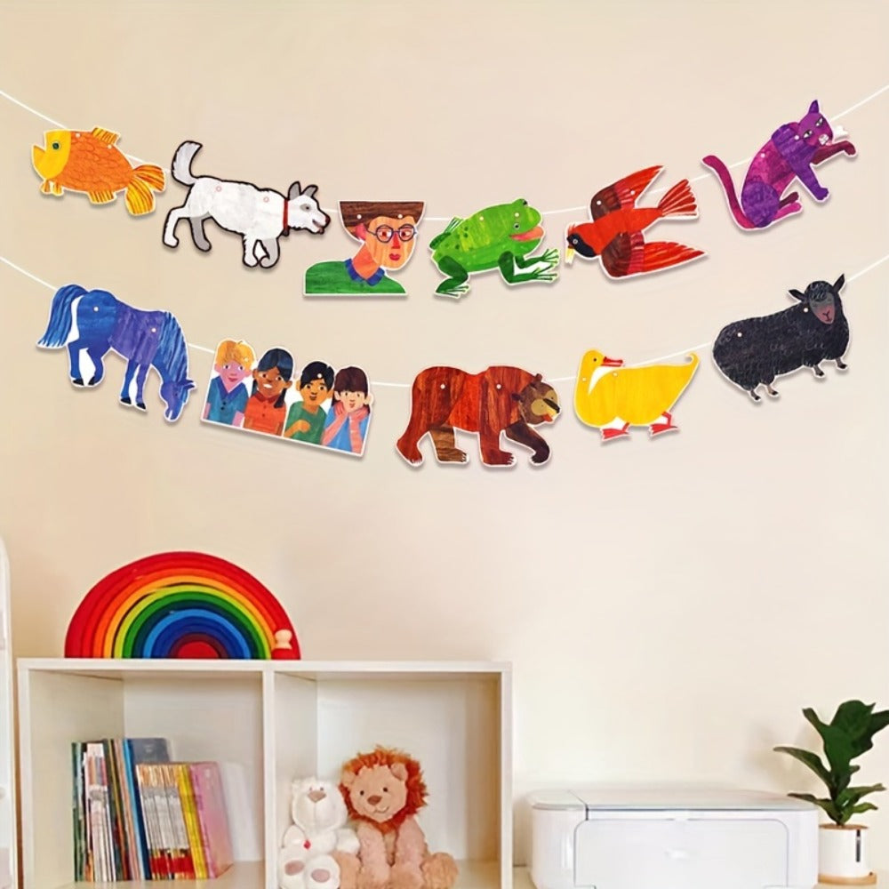 Brown Bear and Friends Paper Banner Garland 3 Meter Educational Wall Decoration Nursery Kindergarten Classroom Kids Room Book Theme Party Decor 11 Cards