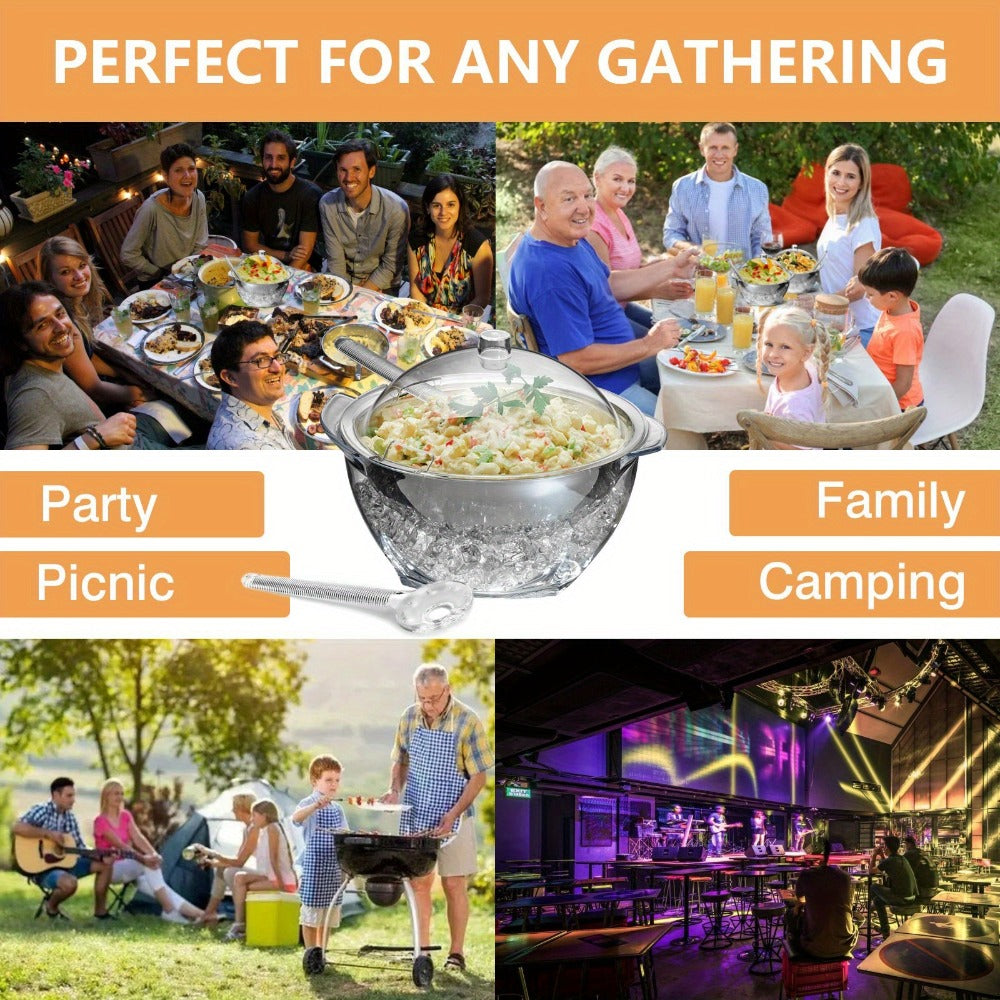 Stainless Steel Ice Chiller Salad Bowl with Lid and Serving Spoons ¨C Large Refrigerated Veggie Fruit Tray with Ice Chiller Base for Party Entertaining Buffet Outdoor Picnic Food Display