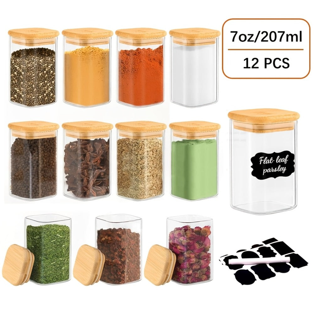 Spice Glass Jars Set with Labels 12pcs, Square Glass Spice Jars with Bamboo Lids, Sticker Labels, 5oz 7oz 9oz Food Storage Containers