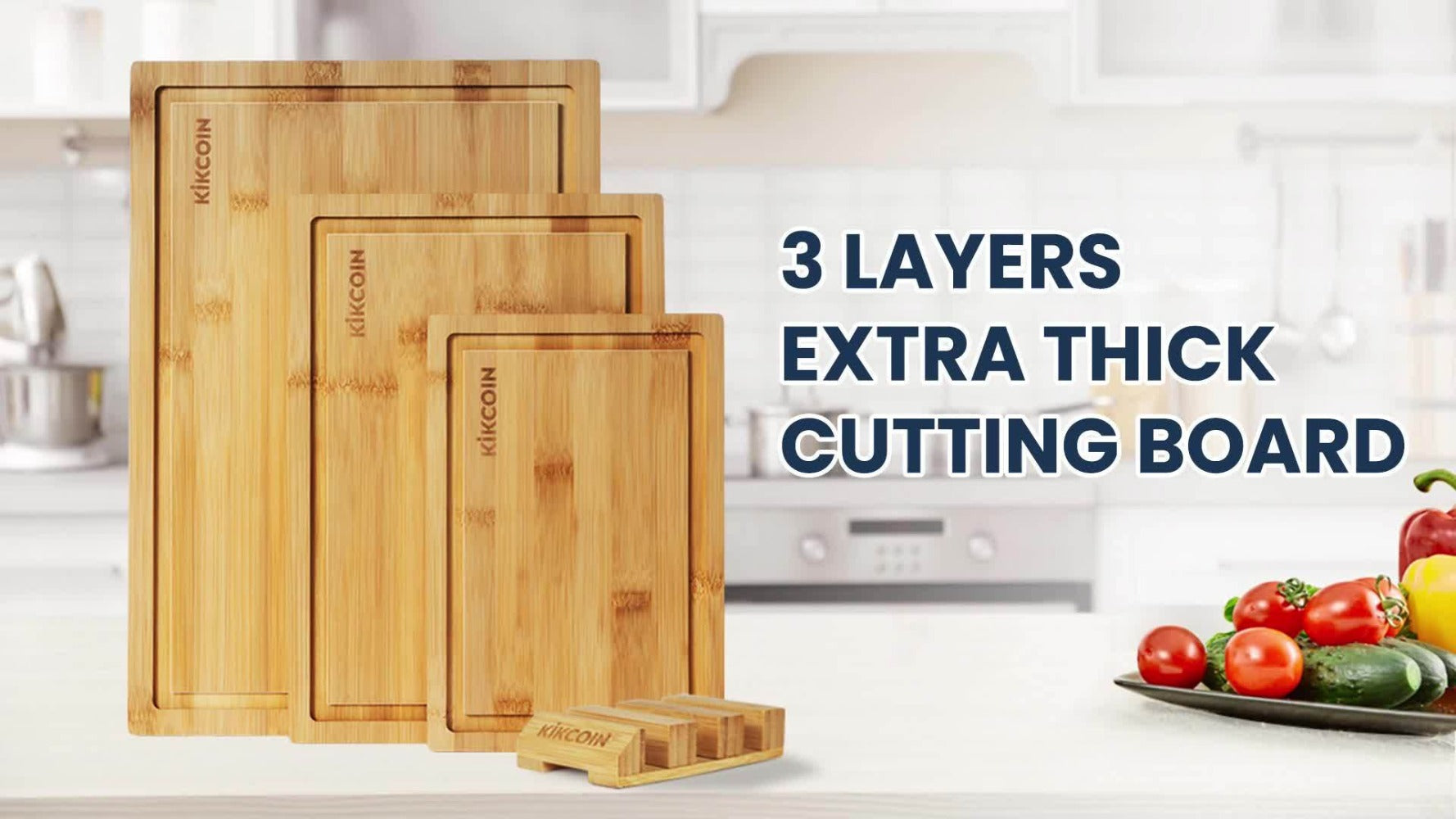 Bamboo Cutting Board Set with Storage Rack & Juice Groove | 4-Piece Kitchen Chopping Board for Vegetables Meat Fruits Bread Cheese | Eco-Friendly Wood Cutting Boards | Perfect Kitchen Gift Set