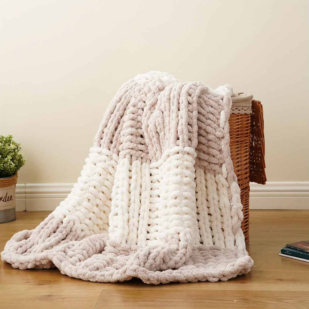 Chunky Chenille Cable Knit Throw Blanket ¨C 350-400gsm Soft Warm Crochet Throw for Sofa, Bed & Couch, Vintage Patchwork, 14 Colors