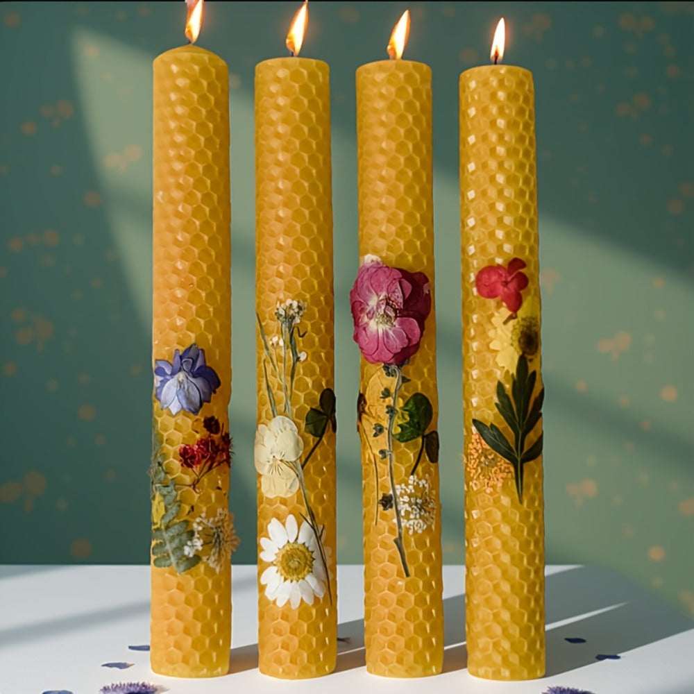 Floral Cone Candle Holders Set of 4 ¨C 10-Inch Decorative Beeswax Taper Candles for Holiday Parties, Valentine's Day & Mother's Day Gifting