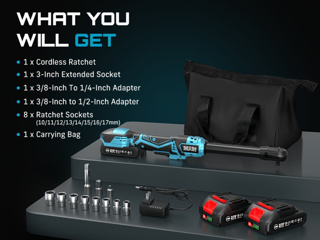 21V Power Ratchet Wrench Set 3/8'' Drive, 59 Ft-lbs 400 RPM Cordless Electric Ratchet, Variable Speed Trigger, 2x 2.0Ah Batteries & Charger, 8 Sockets, 3'' Extension Bar, 1/4'' & 1/2'' Adapter Included