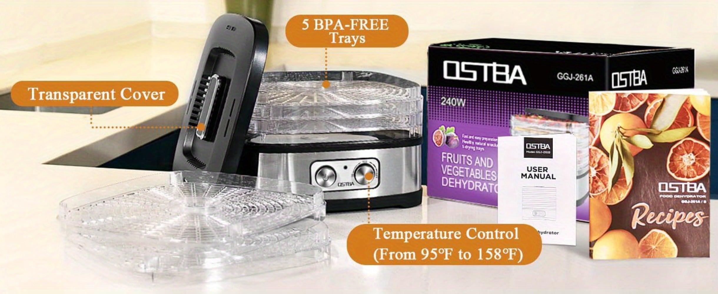 Food Dehydrator 240W with Temperature Control | BPA-Free Dishwasher-Safe Trays, Electric Food Dryer for Jerky, Fruits, Herbs & Vegetables, Recipe Book Included ¨C 5-Tray & 8-Tray Options
