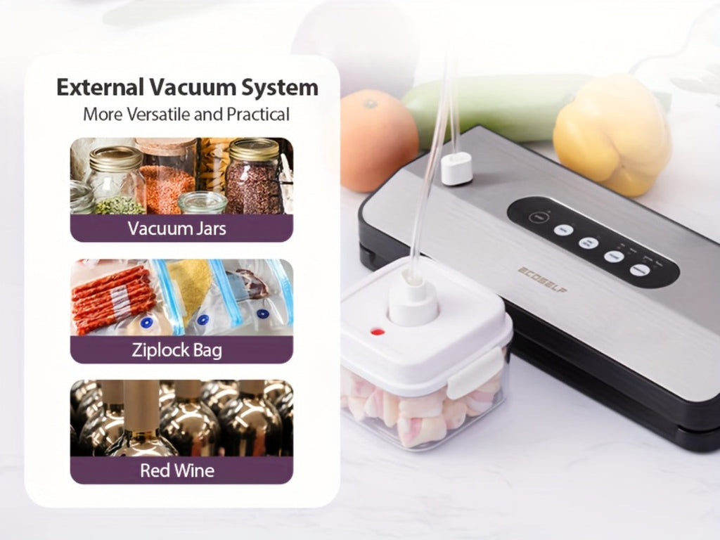 Vacuum Sealer Machine 8-in-1 ¨C 65Kpa Food Sealer with Cutter, Accessory Hose, 10 Bags Included, Stainless Steel, External Vacuum Port for Food Storage, Sous Vide & Meal Prep