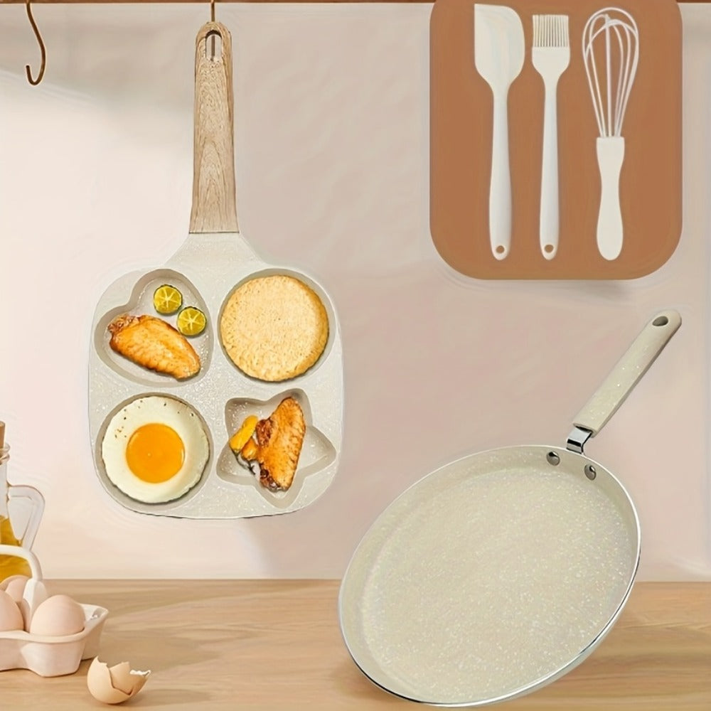 Non-Stick Cookware Set 5-Piece Beige ¨C Pumice Stone Coating Egg Frying Pan Pancake Skillet with Kitchen Utensils | Aluminum Induction Compatible Home Cooking Set for Eggs Pancakes & Breakfast