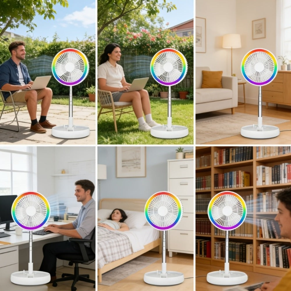 Portable Fan Foldable USB Rechargeable 3600mAh | 4-Speed Remote Control Tower Fan with 7-Color Ambient LED Light Low Noise | Expandable Cordless Fan for Office Bedroom Travel Camping Dorm | Pink White