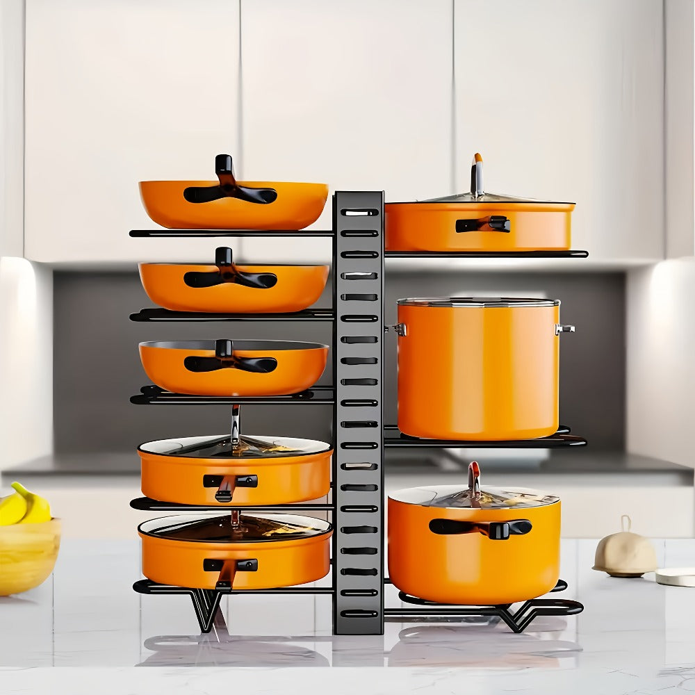 Pot and Pan Organizer 8-Tier with Lid Rack - Kitchen Cabinet Storage Rack for Cookware Pots Pans Lids and Utensils, Space Saving Vertical Cookware Organizer for Cabinet Pantry and Counter, Available in 1 or 2 Pack
