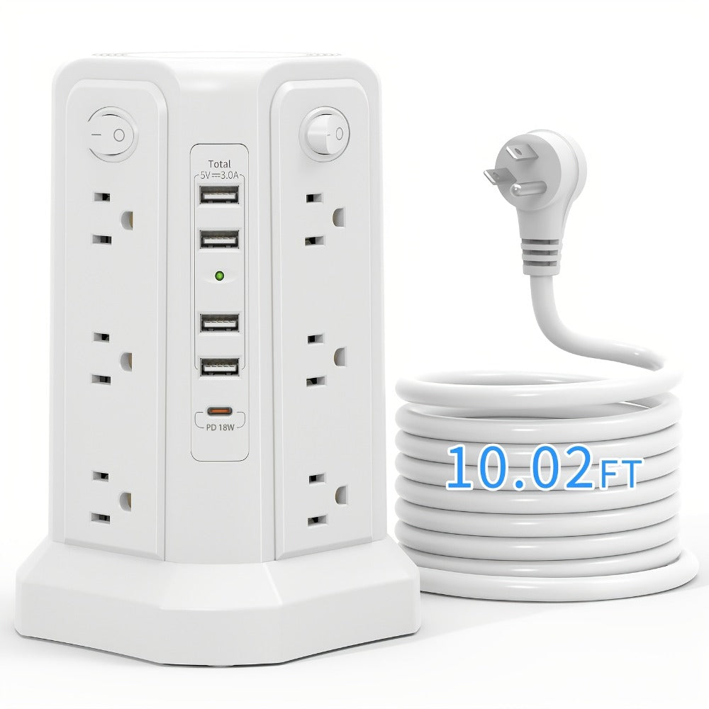 Power Strip Tower Surge Protector 16 AC Outlets 5 USB Ports PD20W USB-C Fast Charging Flat Plug Extension Cord 1500J Overload Protection Desktop Charging Station for Home Office Dorm