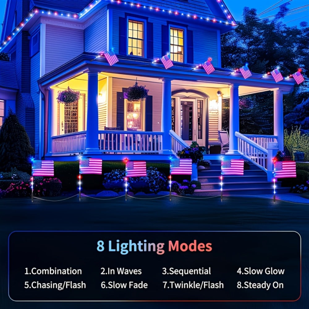 4th of July Solar Ground Stake Lights | Red White Blue National Flag Outdoor Lights 8 Modes | Solar Walkway Lights for Independence Day Memorial Day Porch Patio Garden Decor