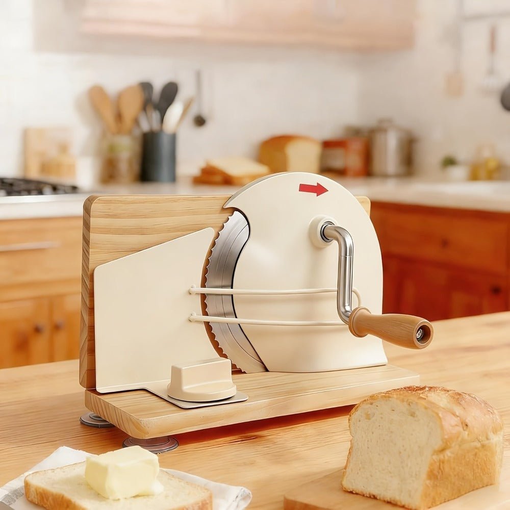 Bread Slicer Manual Adjustable Thickness Uniform Slices Hand Crank Serrated Blade Suction Base Measurement Markings for Sourdough Artisan Homemade Bread Loaf