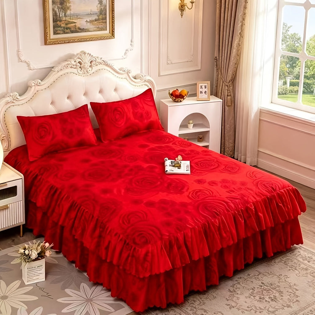 Floral Bed Skirt Set 3 Piece Tropical Print Ruffle Bed Skirt with 2 Pillowcases All-Season Polyester Machine Washable Bedroom Bedding Set Pink Purple Blue Peony Rose 150x200 180x200 200x220
