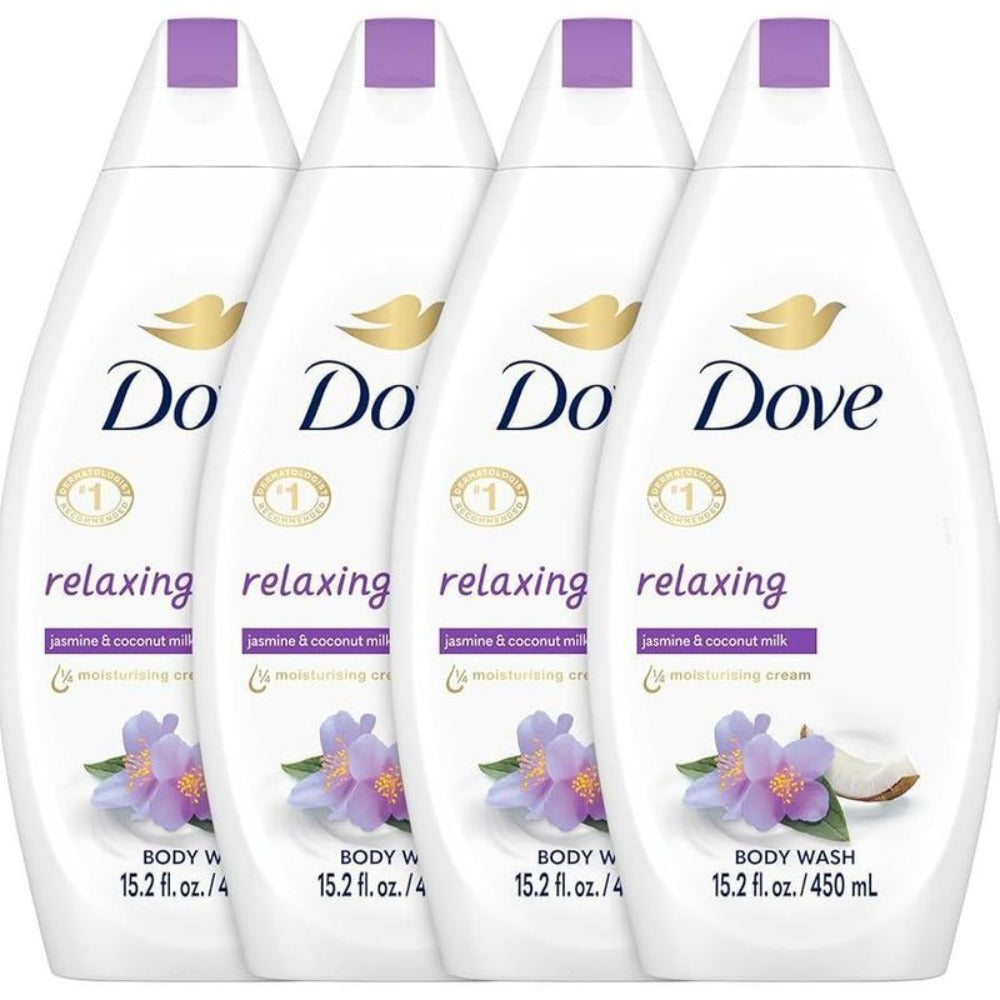 Dove Body Wash Coconut Milk Jasmine Petals 15.2oz Pack of 4 Moisturizing Relaxing Shower Gel Softer Smoother Skin After One Shower for Women