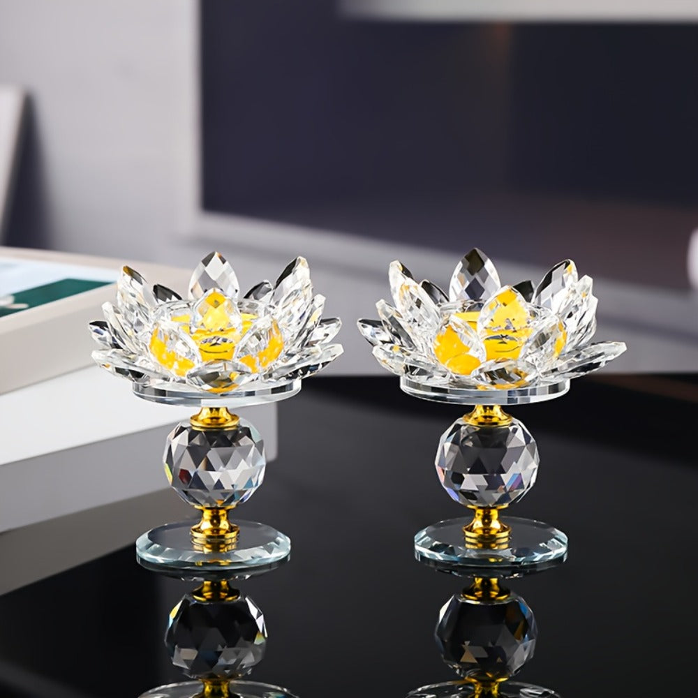 Crystal Lotus Candle Holder 2pcs, Polished Decorative Lotus Candleholder for Tea Light & Pillar Candles, Elegant Home Decor Centerpiece for Christmas, Thanksgiving, Halloween, Easter & Hanukkah ¨C Green, Purple, Blue, Pink