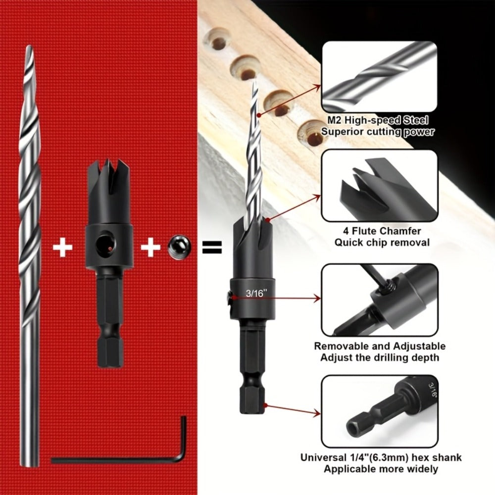 5pcs Countersink Drill Bit Set #4 #6 #8 #10 #12 Tapered with 1/4¡± Hex Shank Quick-Change ¨C Adjustable Wood Counter Sinker Bits with Allen Wrench for Woodworking