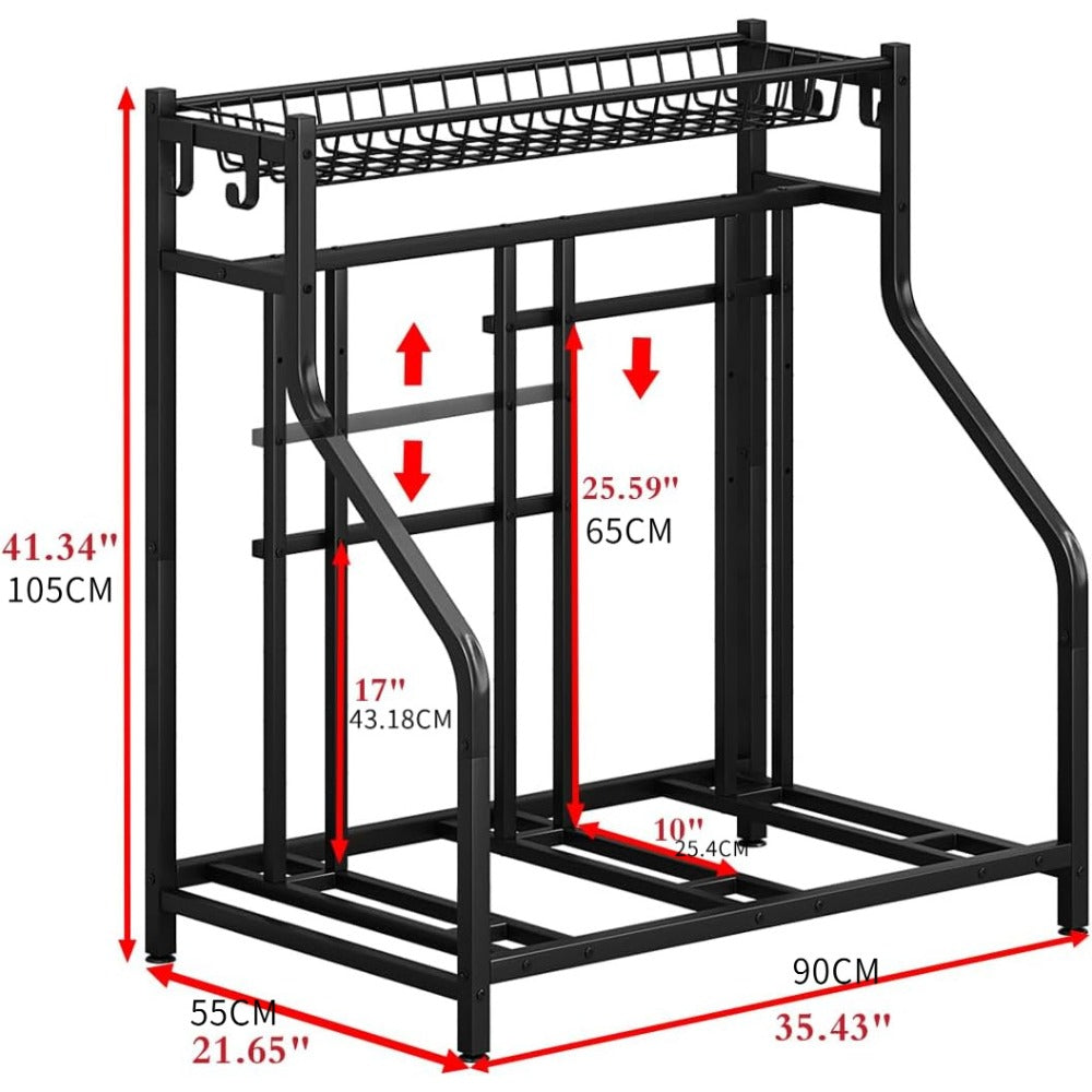 Freestanding Bike Storage Stand with Basket & Hooks ¨C Adjustable Floor Rack for 3-4 Bikes, Indoor Outdoor Garage Organizer